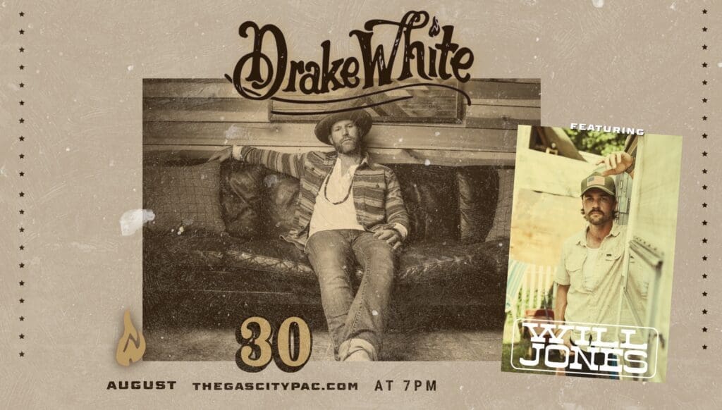 Country Singer Drake White with opening act Will Jones on August 30th at the Gas City Performing Arts Center